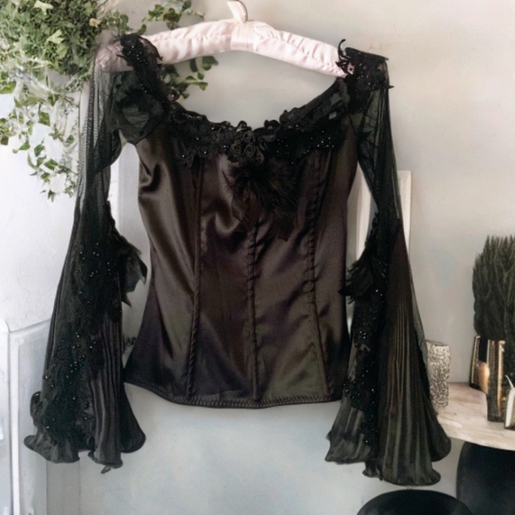 celo Tops - Black satin Morticia style corset top XS
